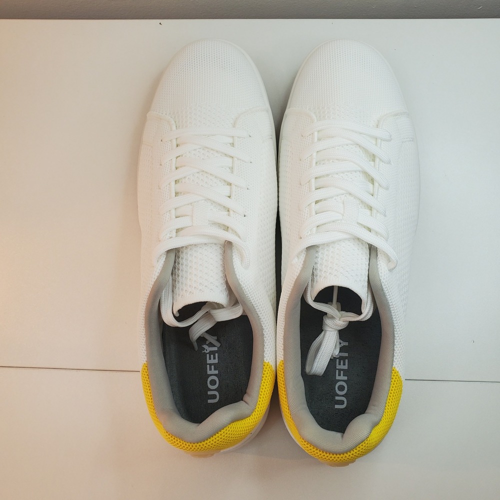 Men's White Knit Sneakers with Yellow Heel Detail - Picture 3 of 10
